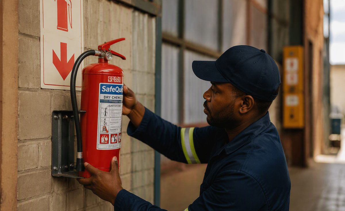 Technician installing a wall-mounted fire extinguisher
